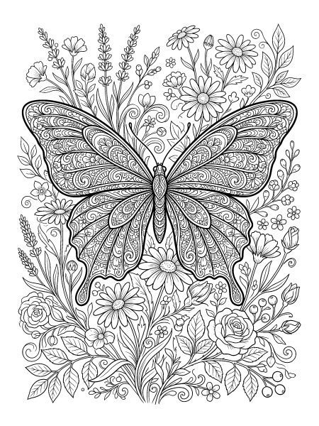 Butterfly in wildflowers — free printable coloring page for adults