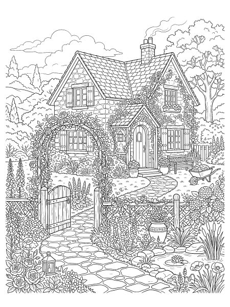 Stone cottage with climbing roses — free printable coloring page for adults
