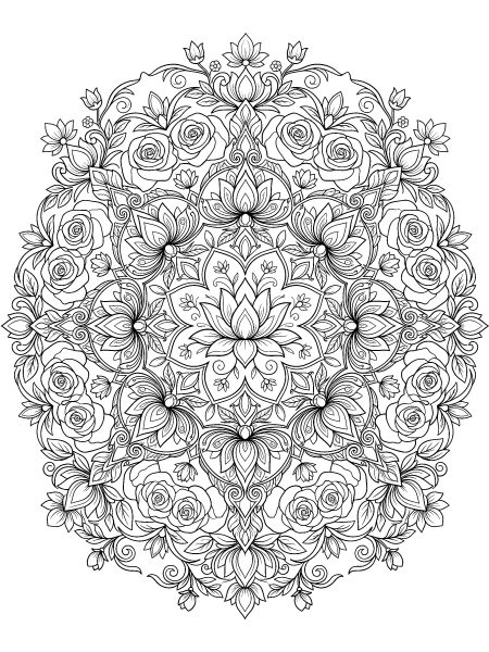 Rose and lotus mandala — free printable coloring page for adults