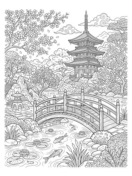 Japanese garden and pagoda — free printable coloring page for adults