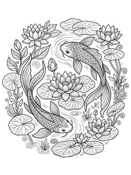 Koi fish and lotus pond — free printable coloring page for adults
