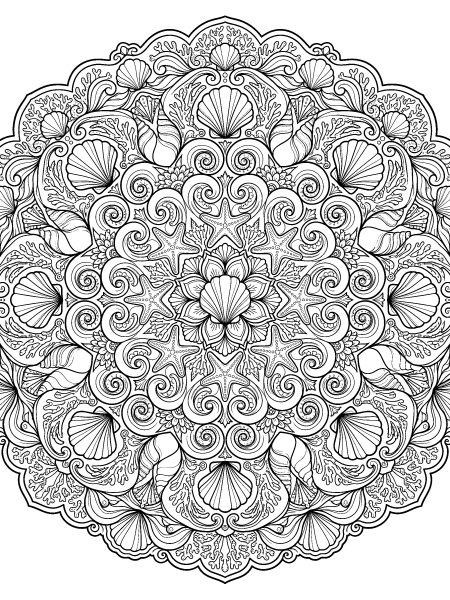 Seashell and wave mandala — free printable coloring page for adults