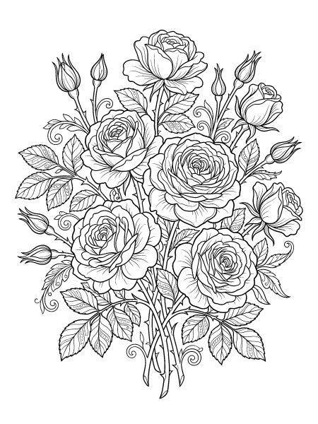 Bouquet of garden roses — free printable coloring page for adults