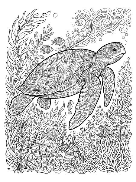 Sea turtle and coral reef — free printable coloring page for adults