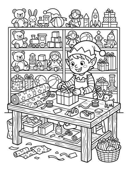Elf wrapping presents — free printable Christmas coloring page