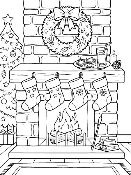 Stockings on the fireplace — free printable Christmas coloring page