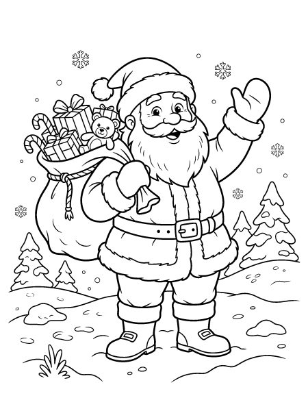 Santa with his sack of presents — free printable Christmas coloring page