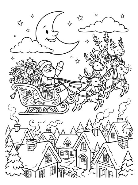 Santa’s sleigh over the rooftops — free printable Christmas coloring page