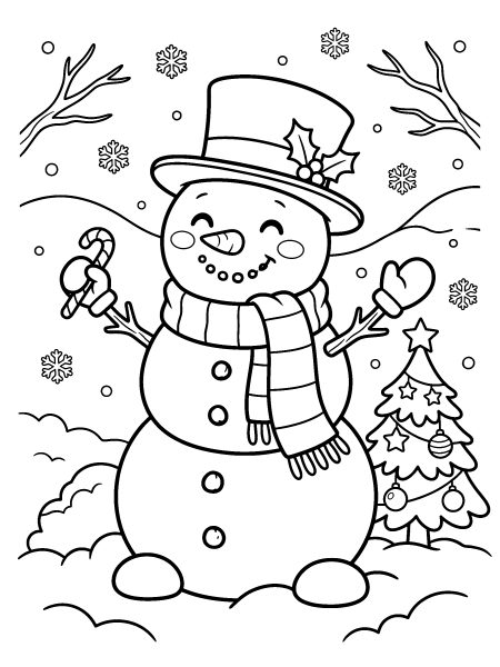 Snowman in the snow — free printable Christmas coloring page