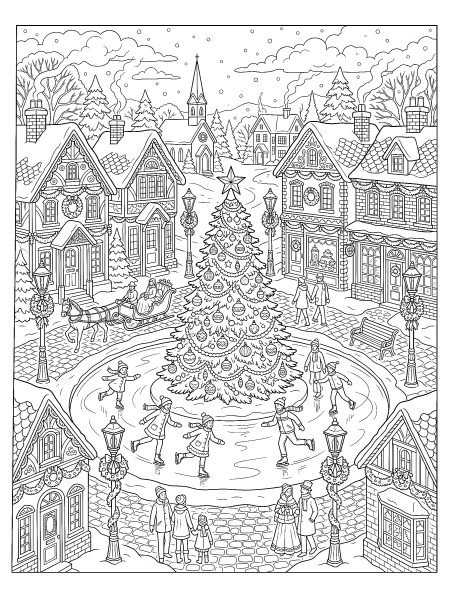 Snowy Christmas village — free printable Christmas coloring page