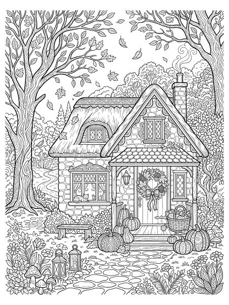 Cozy autumn cottage — free printable fall coloring page