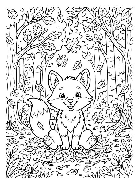 Fox in an autumn forest — free printable fall coloring page