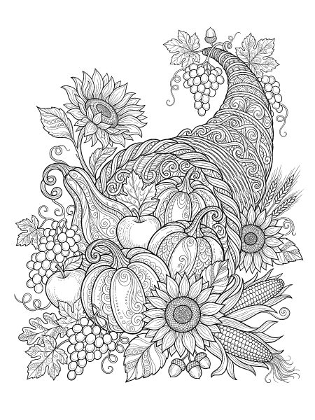 Harvest cornucopia — free printable fall coloring page
