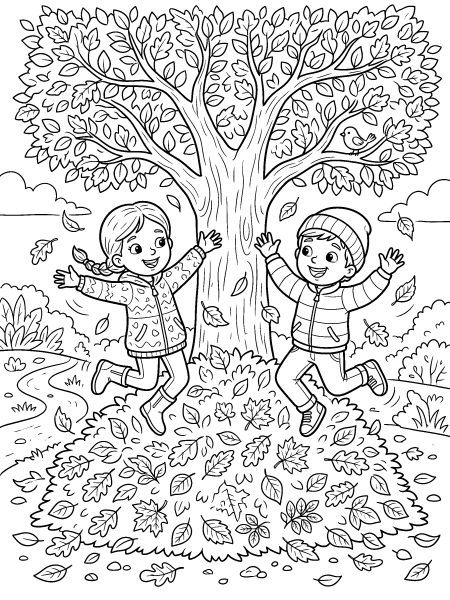 Kids jumping in a leaf pile — free printable fall coloring page