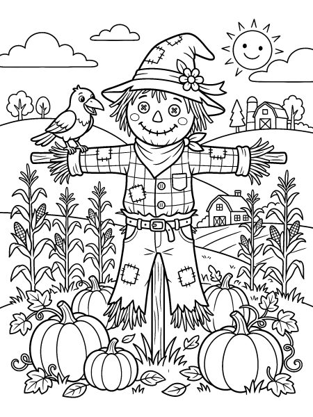 Scarecrow in a pumpkin field — free printable fall coloring page