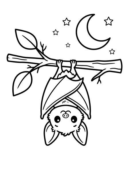Baby bat under the moon — free printable Halloween coloring page