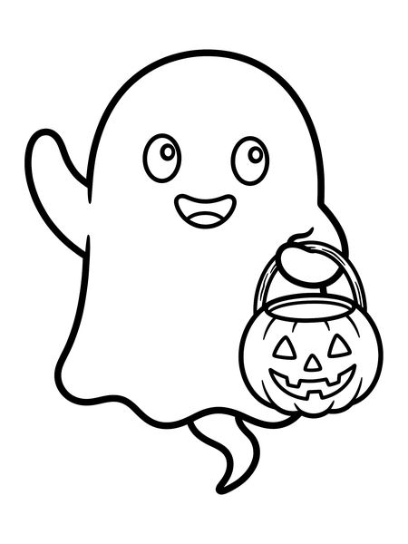 Friendly ghost with a candy bucket — free printable Halloween coloring page