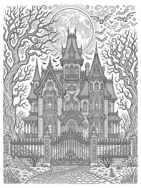 Gothic haunted mansion — free printable Halloween coloring page
