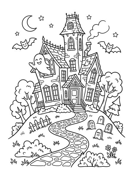 Friendly haunted house on a hill — free printable Halloween coloring page