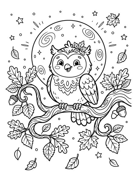 Owl on a branch at full moon — free printable Halloween coloring page
