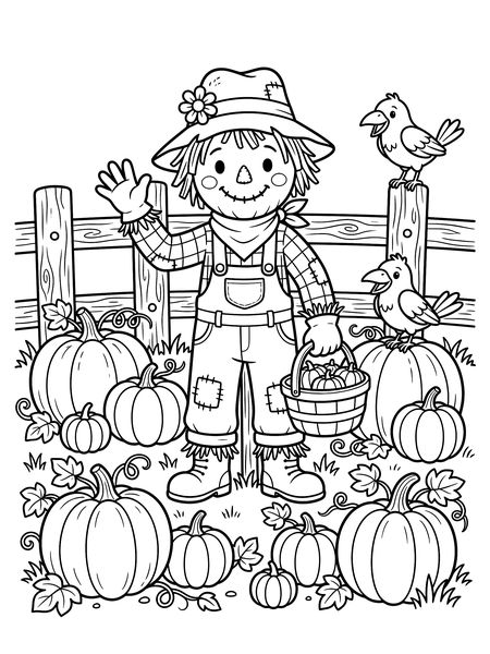 Pumpkin patch with a scarecrow — free printable Halloween coloring page