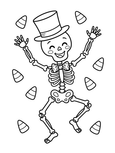 Dancing skeleton in a top hat — free printable Halloween coloring page