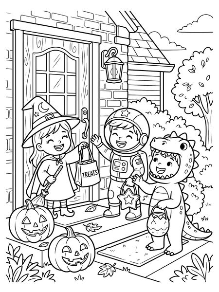 Kids trick-or-treating in costumes — free printable Halloween coloring page