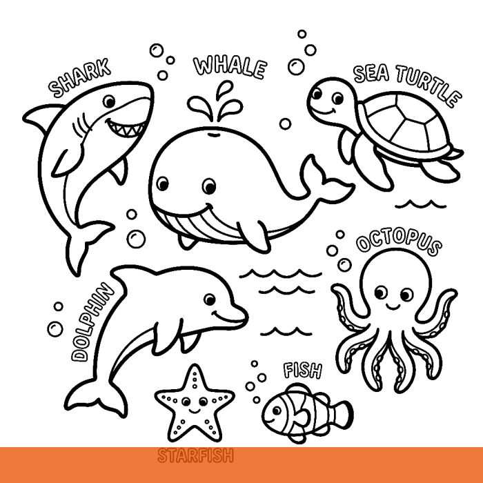 Example page drawn by the generator: ocean animals for kids