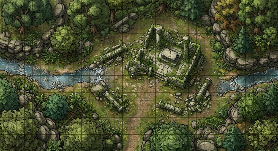 AI-generated D&D battle map: ruined forest shrine with stone altar, fallen pillars and a stream, with a 5-foot square grid