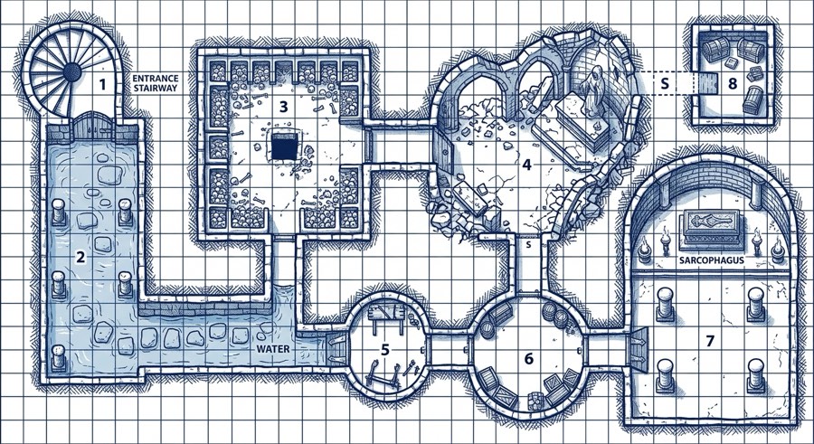 AI-generated D&D dungeon map: flooded crypt with 8 numbered rooms, secret door and sarcophagus chamber, old-school blue grid style