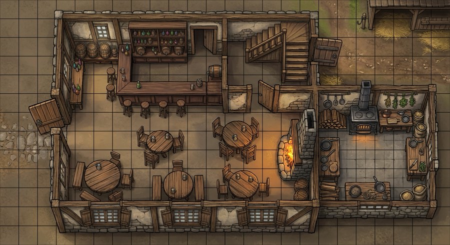 AI-generated D&D tavern floor plan with bar, round tables, fireplace, kitchen and stairs, on a 5-foot grid