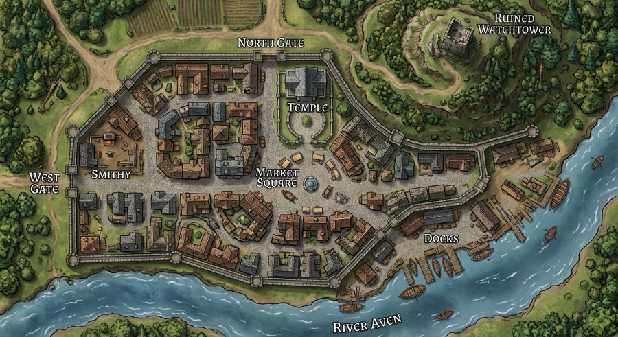 AI-generated D&D town map: walled river town with market square, temple, smithy, docks and a ruined watchtower