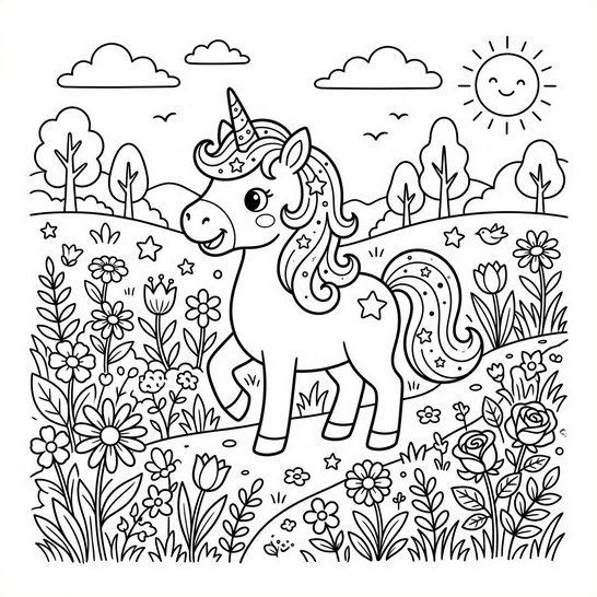 Coloring page for ages 6 to 8: a unicorn in a meadow with flowers, trees and clouds