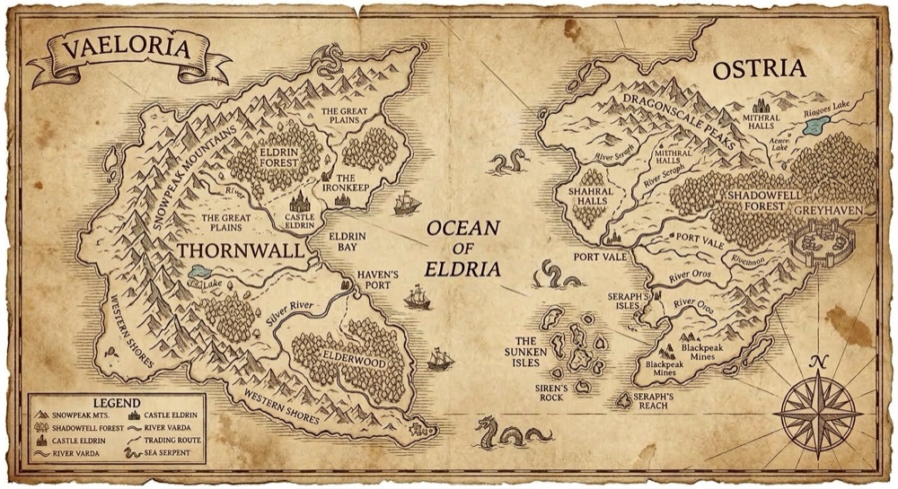 The same map after one typed change: continent renamed Thornwall, port city Greyhaven and a dragon added