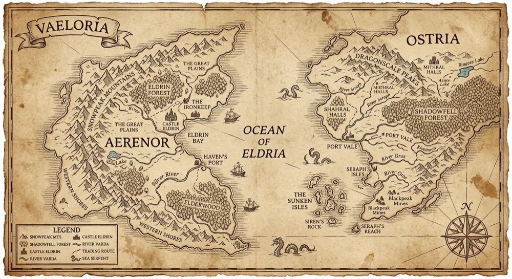 AI fantasy map of Vaeloria, as first generated